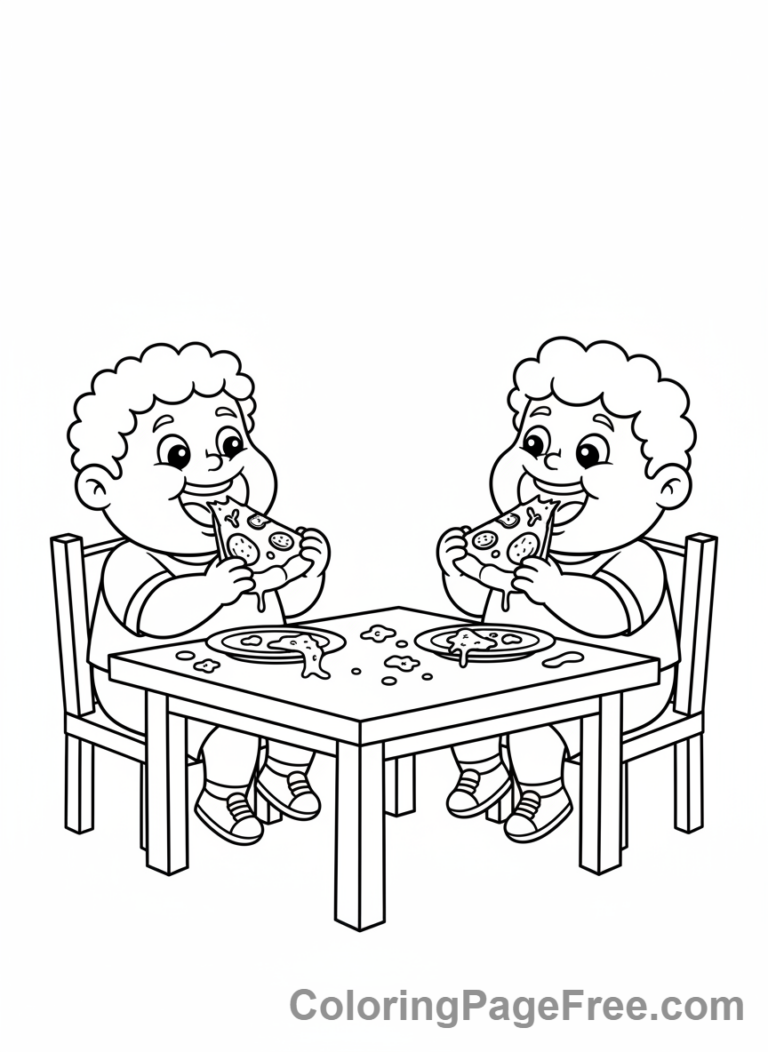 Kids Eating Pizza Coloring Page