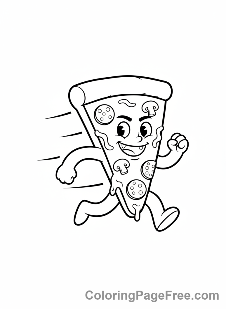 Funny running pizza slice with legs coloring page
