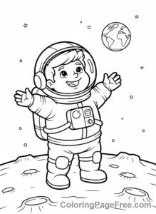 Planets coloring page - Astronaut Moon Earth