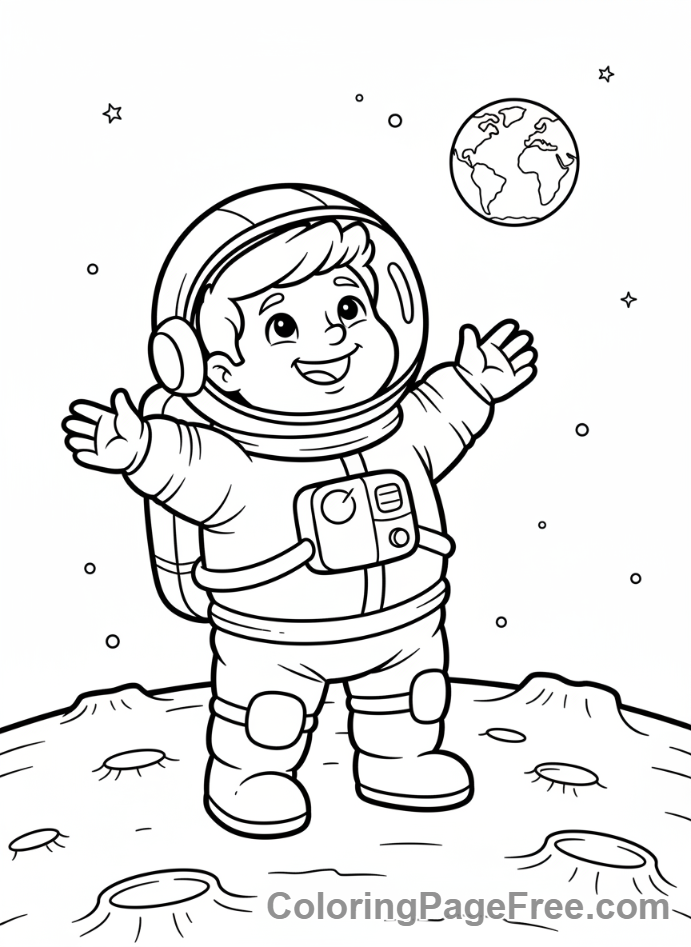 Planets coloring page - Astronaut Moon Earth
