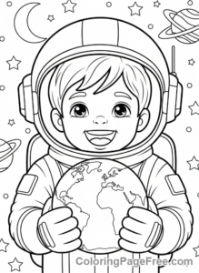 Planets coloring page - Child astronaut globe