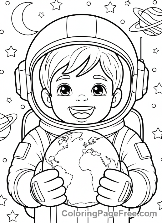 Planets coloring page - Child astronaut globe