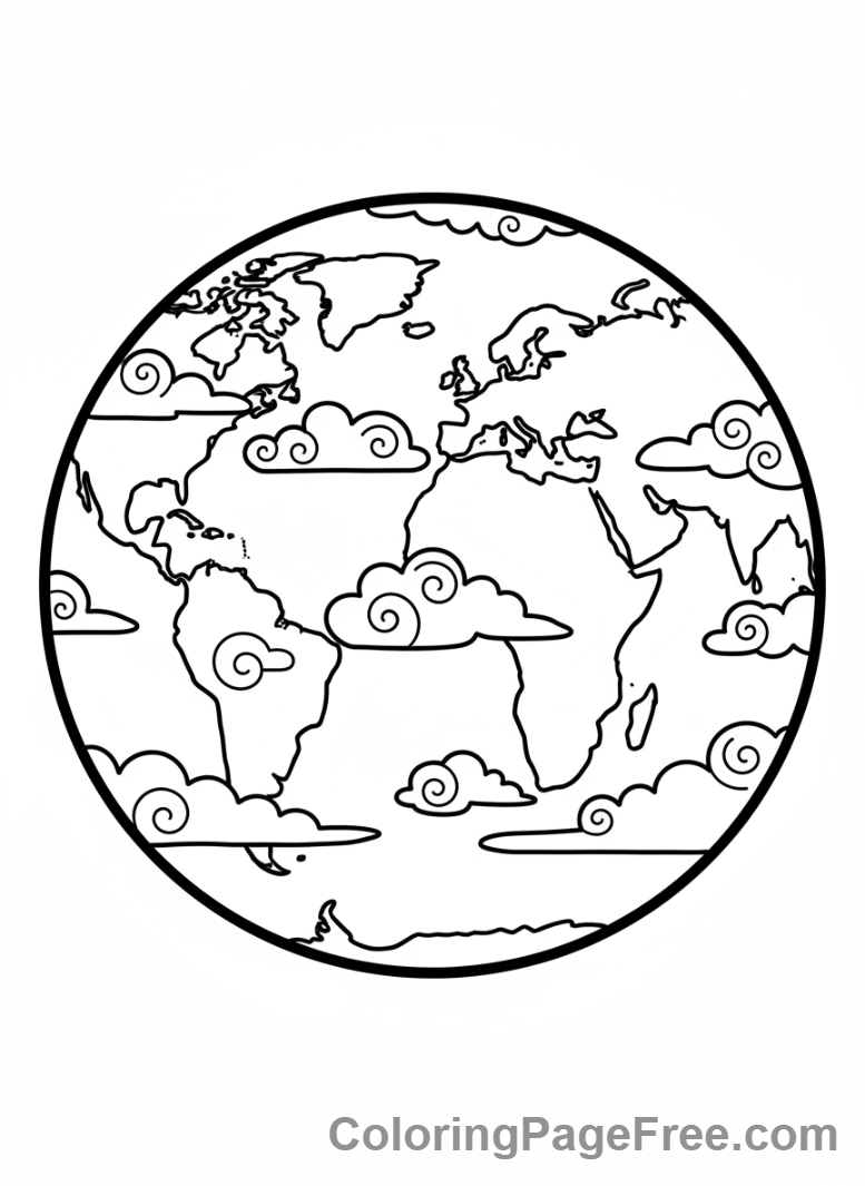 Planets coloring page - Earth clouds continents