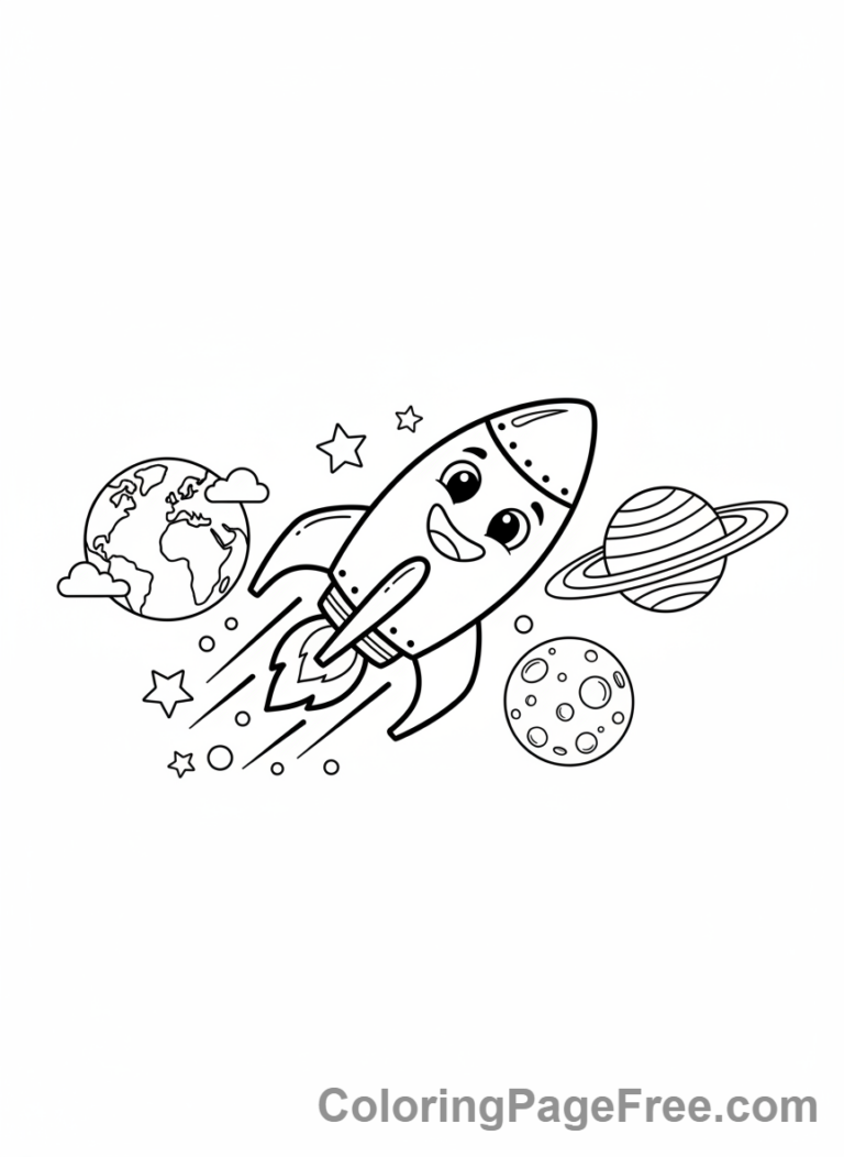 Planets coloring page - Rocket flying planets