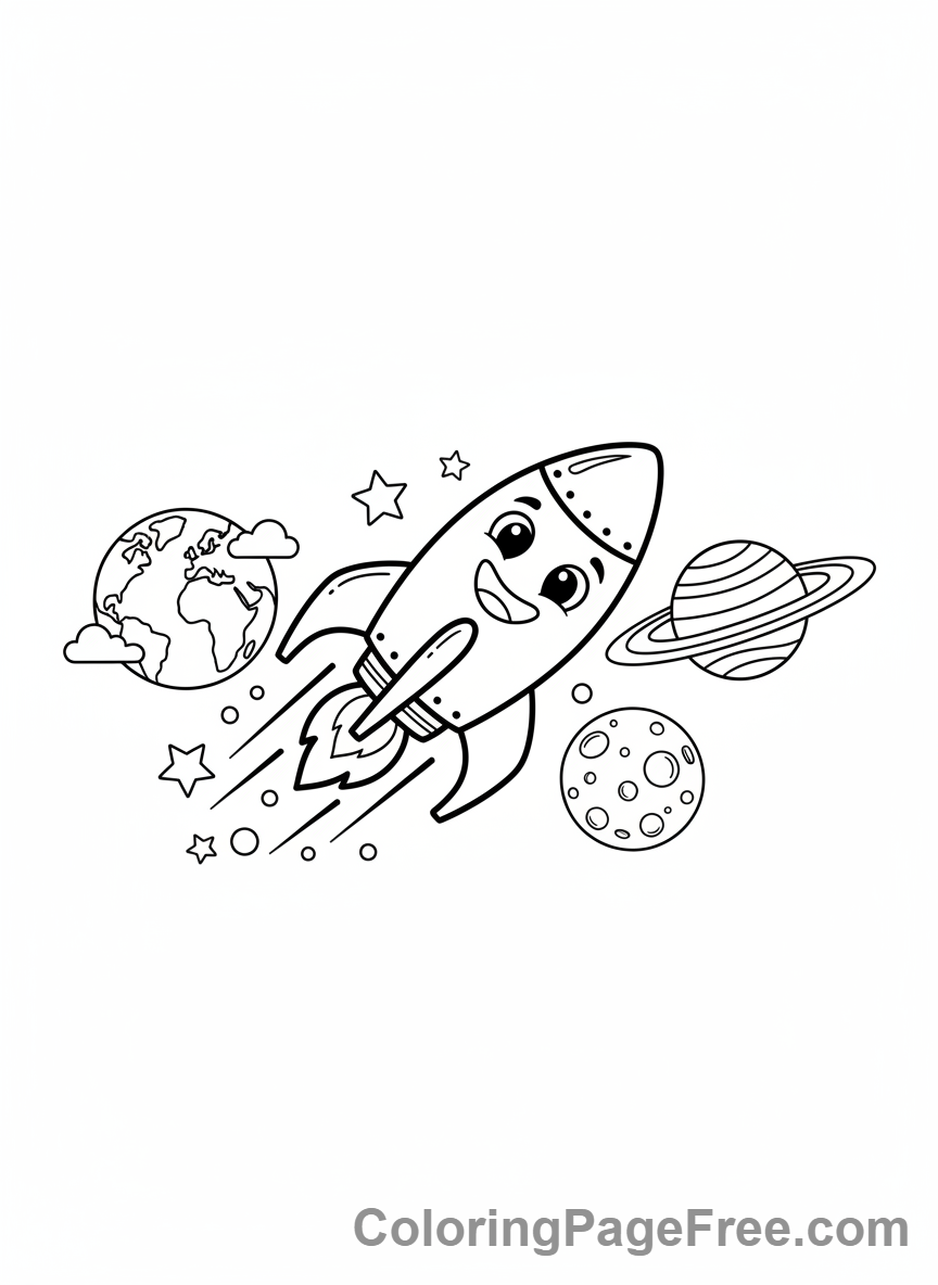 Planets coloring page - Rocket flying planets