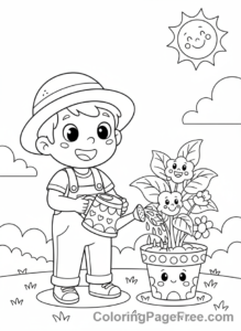 Plants coloring page - Kid watering plant