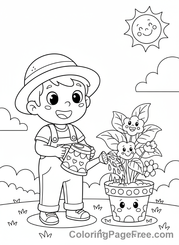 Plants coloring page - Kid watering plant