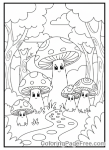 Plants coloring page - Mushroom family forest