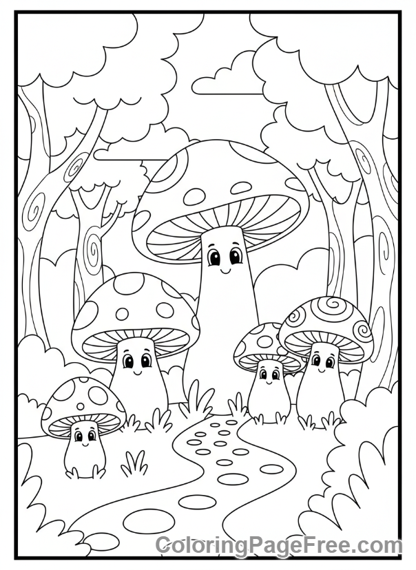 Plants coloring page - Mushroom family forest