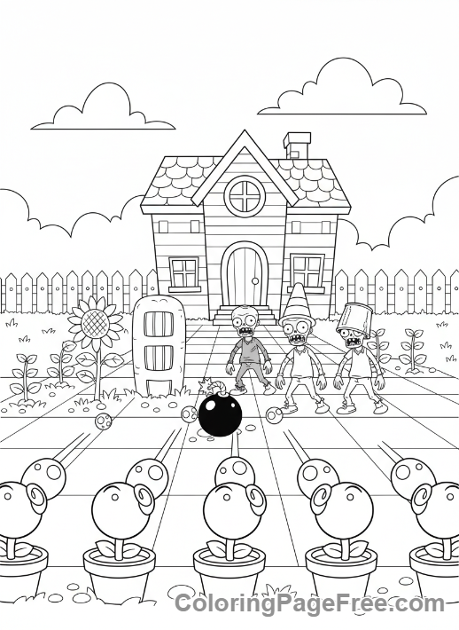 Plants Vs Zombies coloring page - Garden battle scene