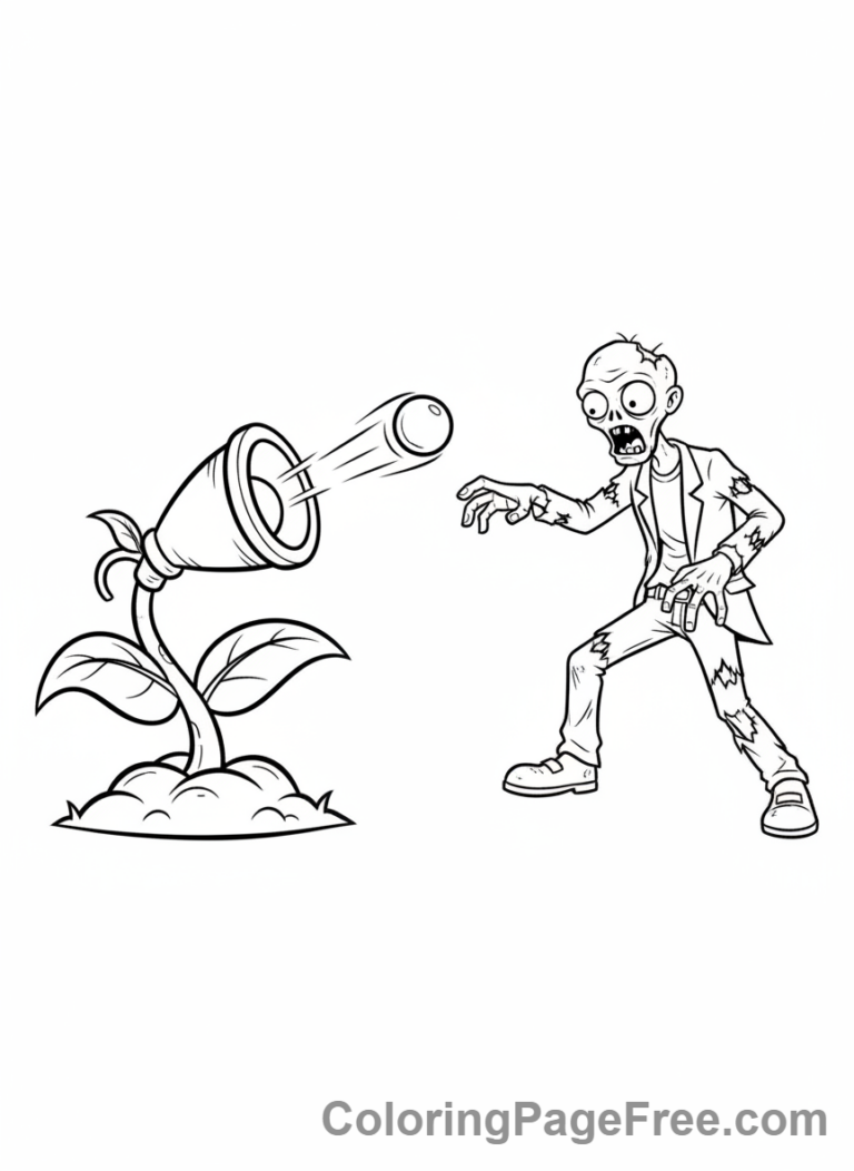 Plants Vs Zombies coloring page - Peashooter shooting zombie