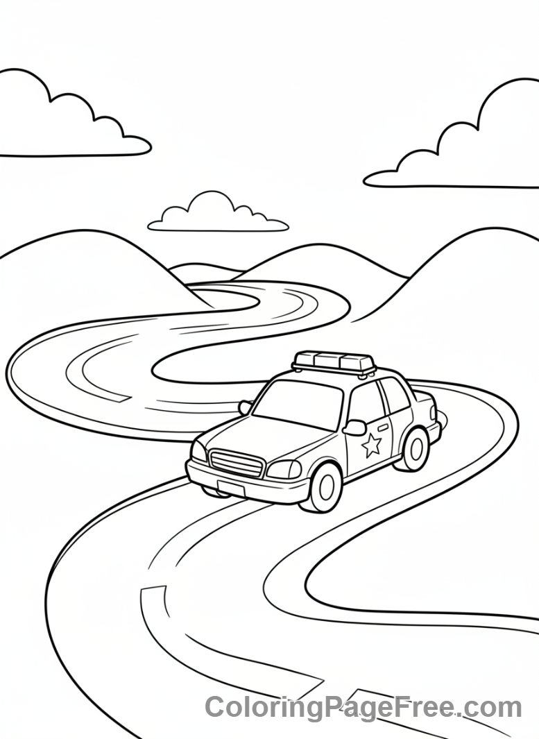 Police car on curvy road coloring page