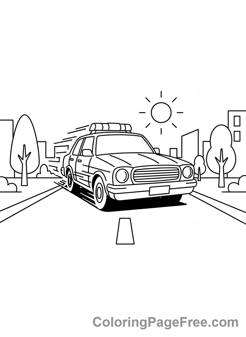 Police car speeding down street coloring page
