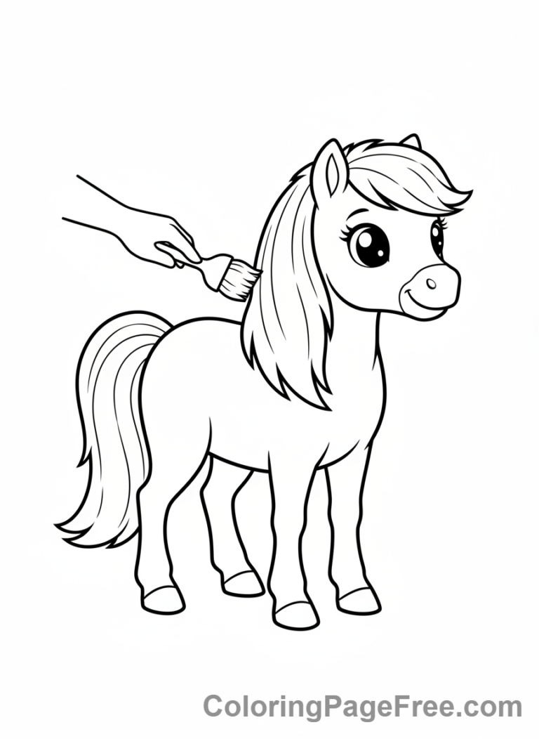 Pony coloring page - Pony getting brushed