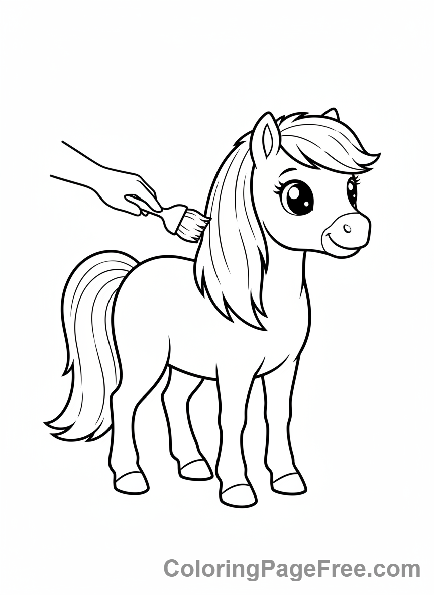 Pony coloring page - Pony getting brushed