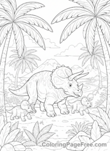 Prehistoric coloring page - Triceratops family walking