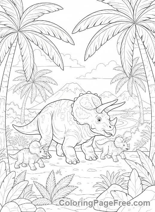 Prehistoric coloring page - Triceratops family walking