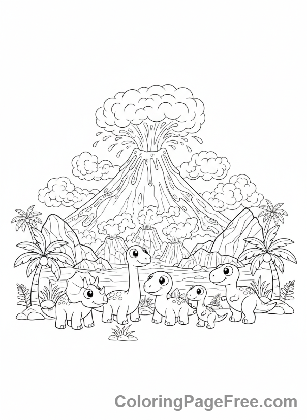 Prehistoric coloring page - Volcano erupting dinosaurs