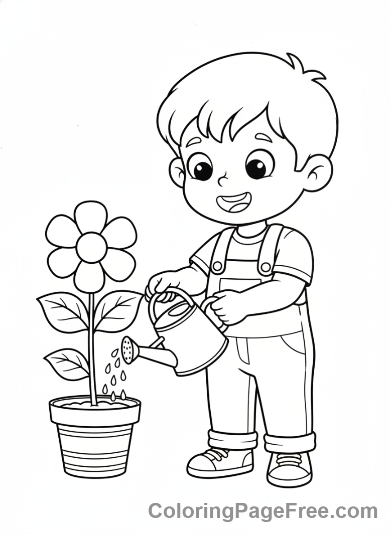 Preschoolers coloring page - Child Watering Plant