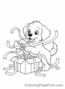 Present coloring page - Puppy playing ribbon