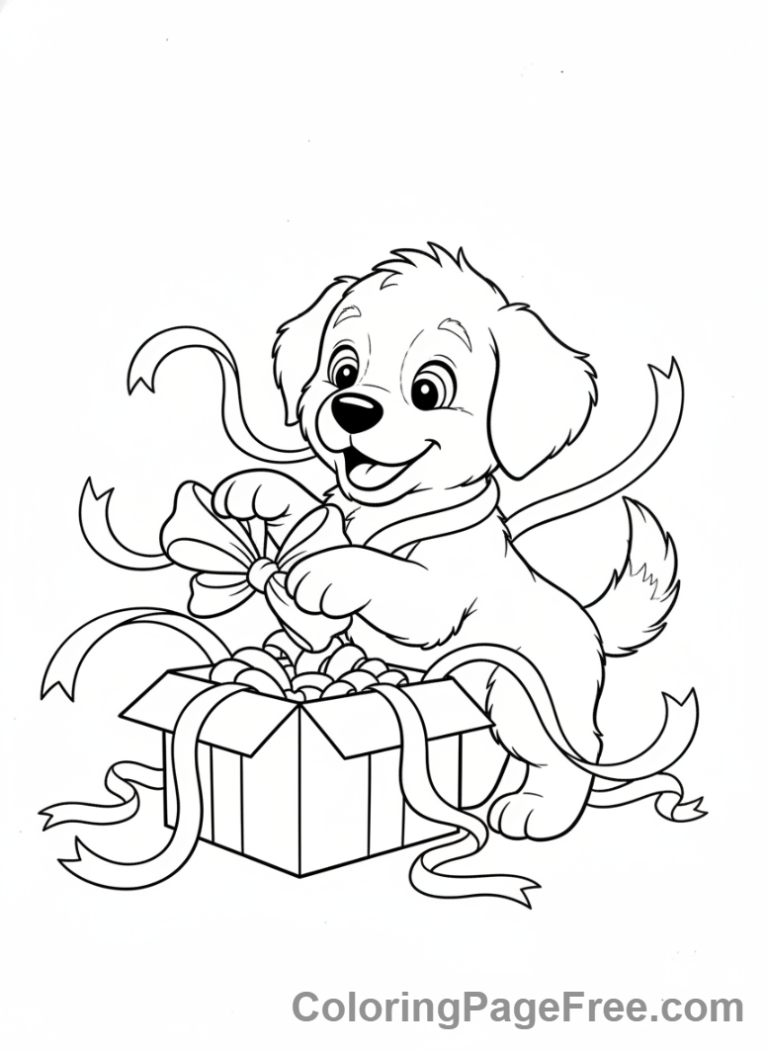 Puppy playing with a gift ribbon coloring page