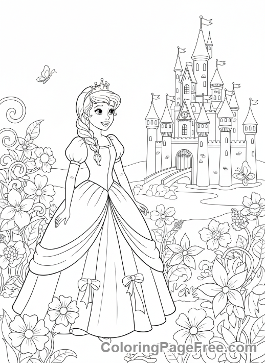 Princess looking at castle coloring page