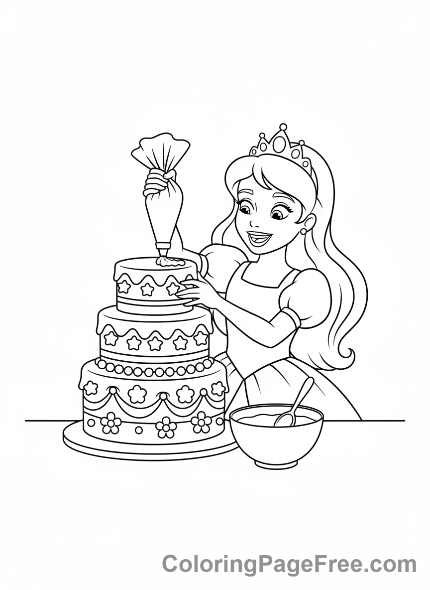 Princess coloring page - Princess baking cake close-up