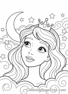 Princess coloring page - Princess dreaming stargazing close-up