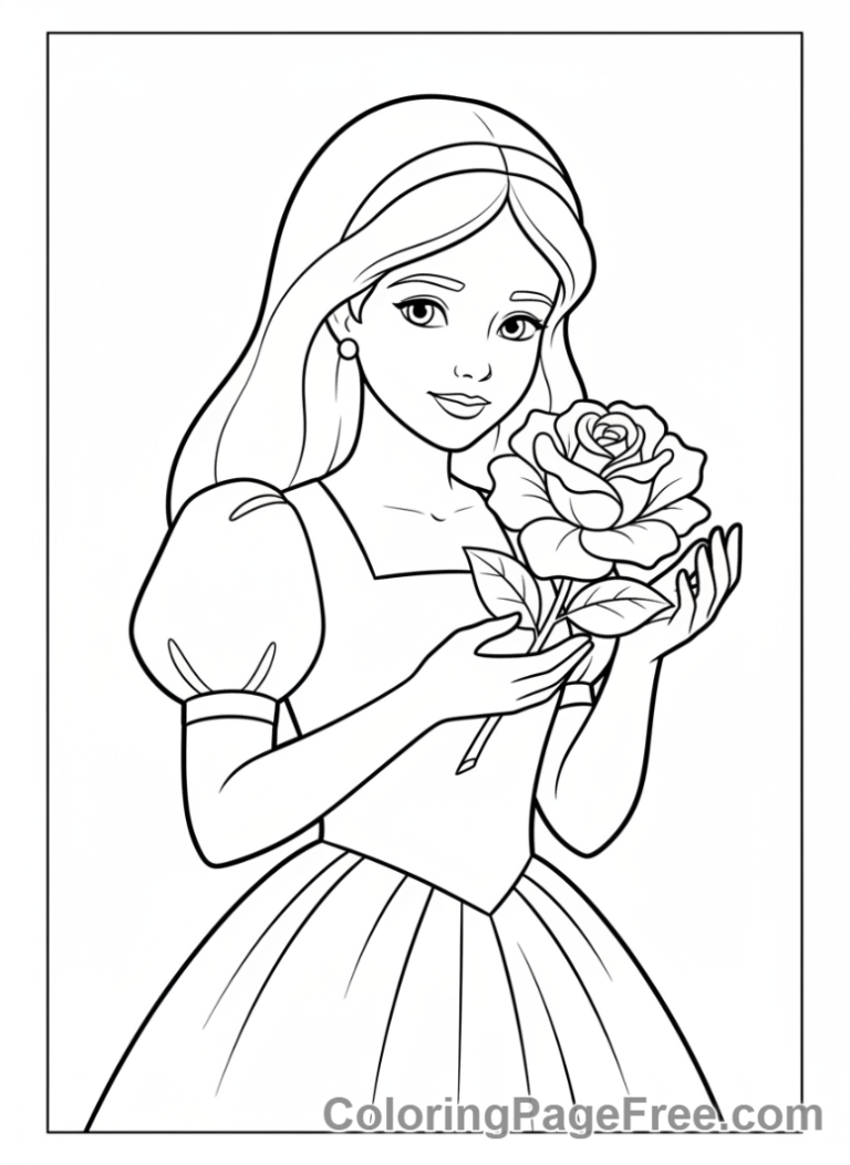 Princess coloring page - Princess holding flower close-up