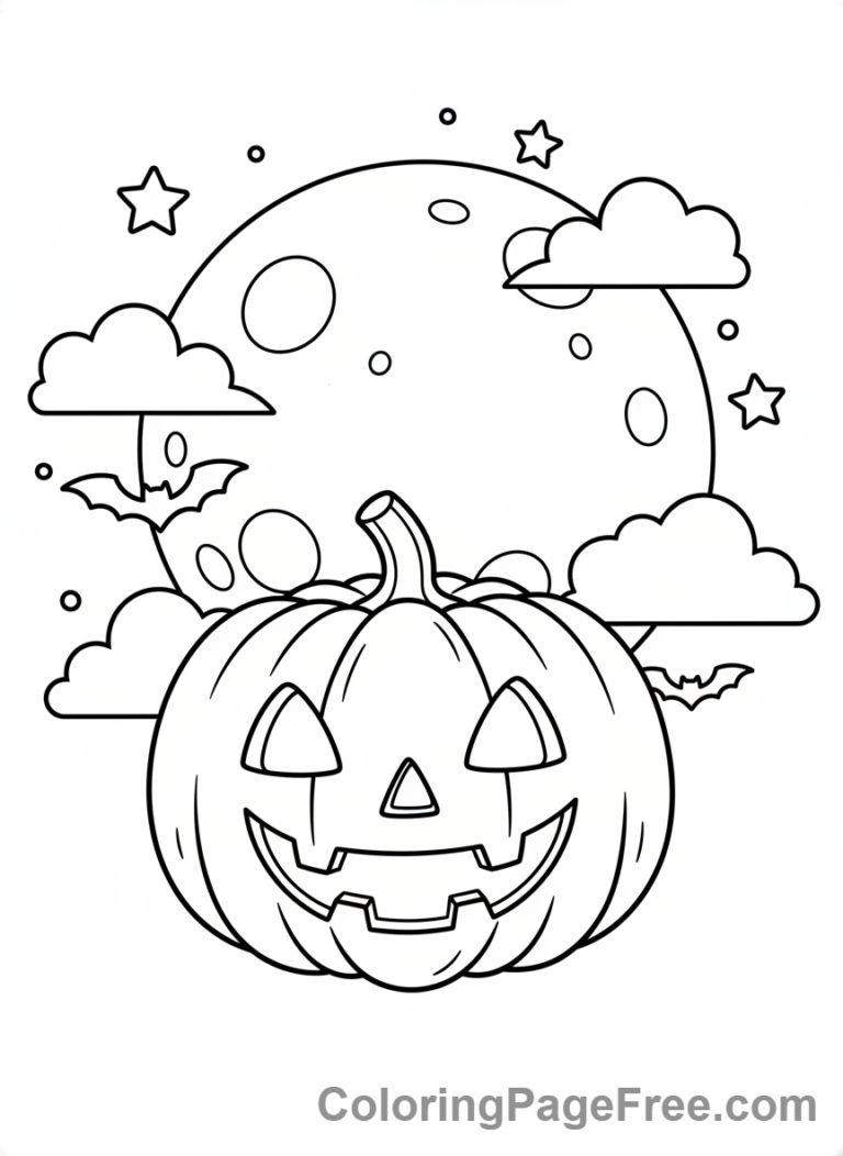 Jack-o-lantern under the moonlight coloring page