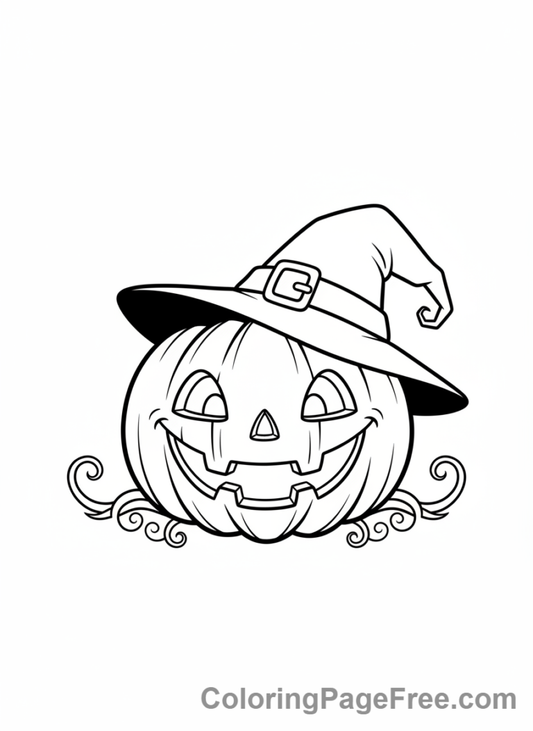 Jack-o-lantern wearing a witch hat coloring page