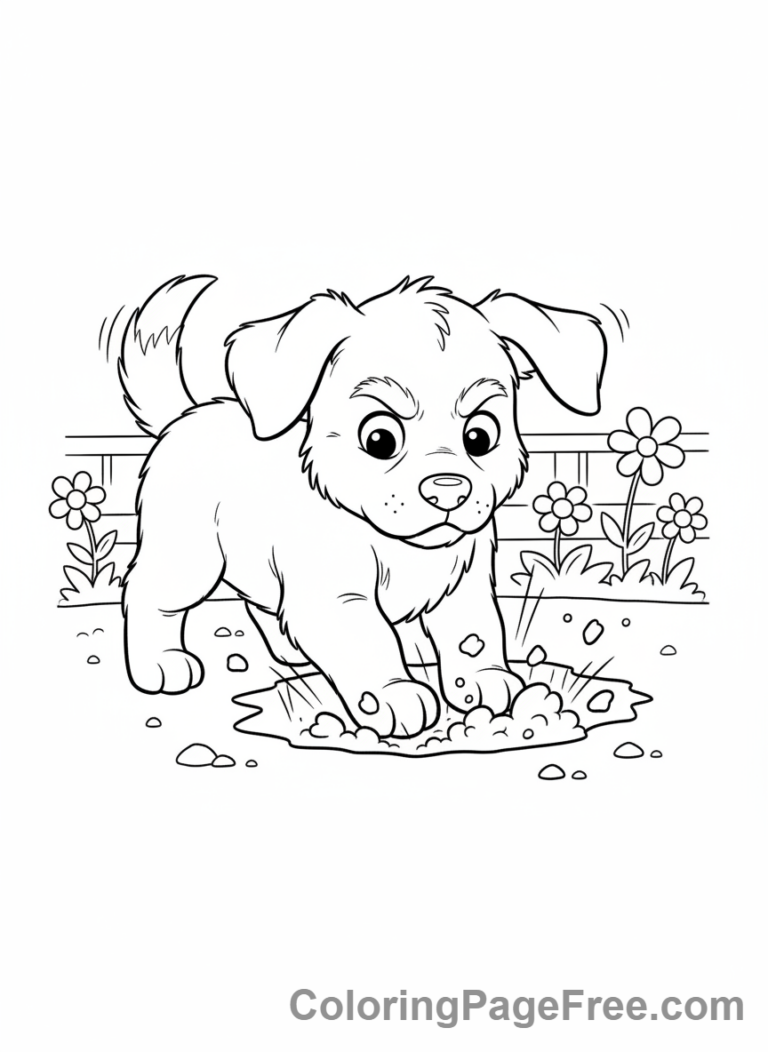 Puppy digging a hole coloring page