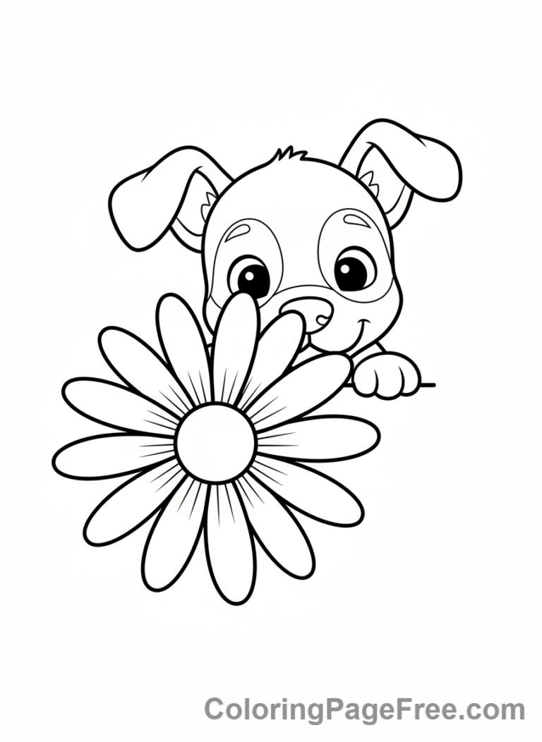 Puppy coloring page - Puppy peeking flower