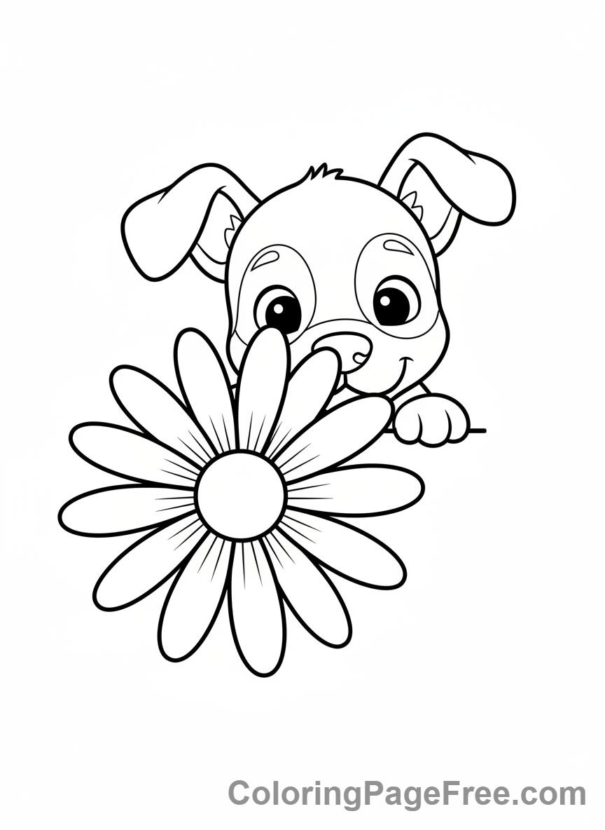 Puppy coloring page - Puppy peeking flower