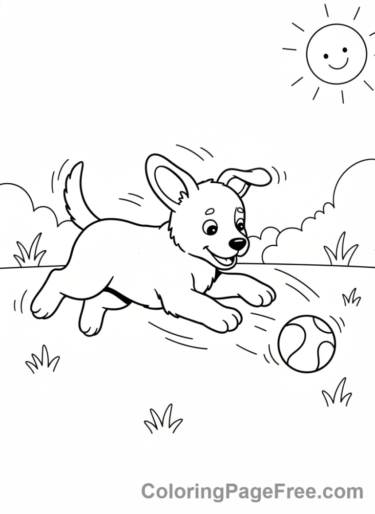 Puppy playing fetch coloring page