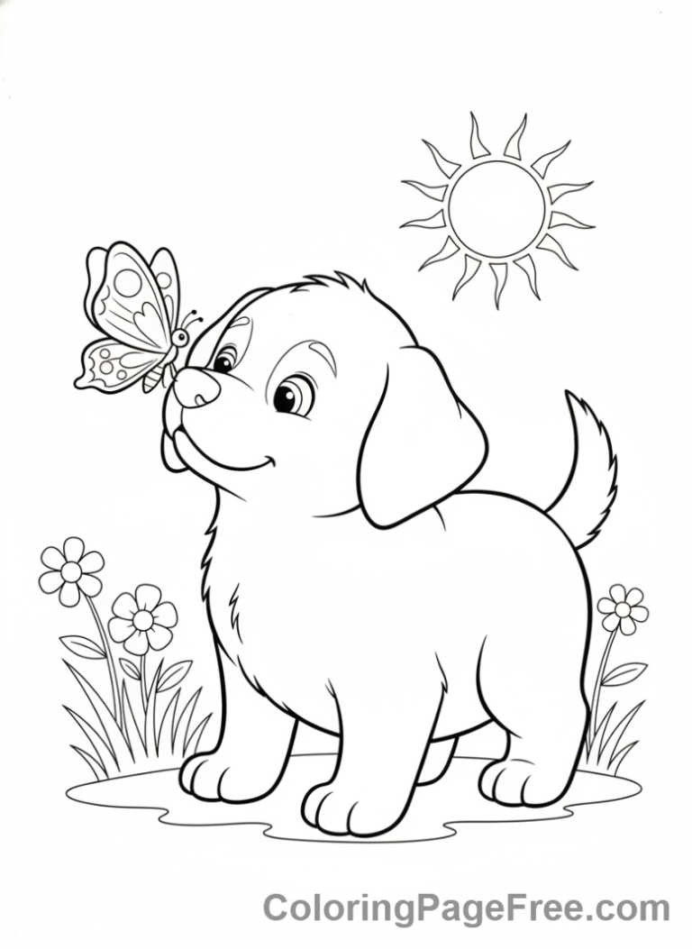 Puppy sniffing a butterfly coloring page