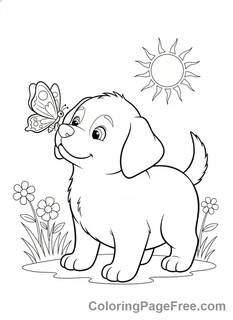 Puppy coloring page - Puppy sniffing butterfly