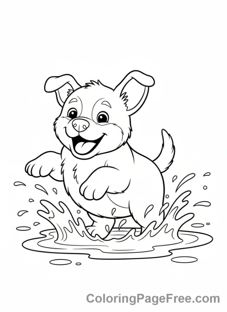 Puppy splashing in a puddle coloring page