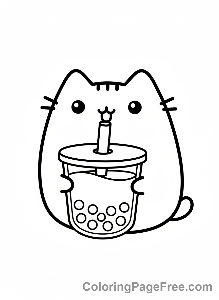 Pusheen coloring page - Pusheen drinking boba