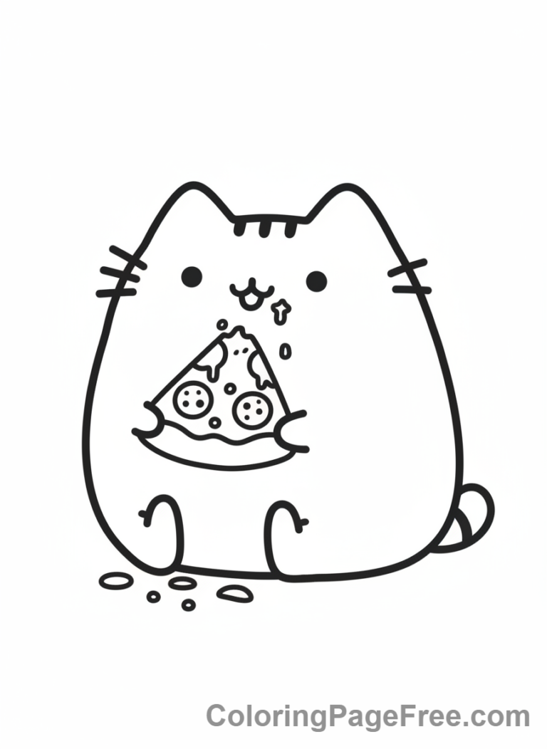 Pusheen cat eating a slice of pizza coloring page