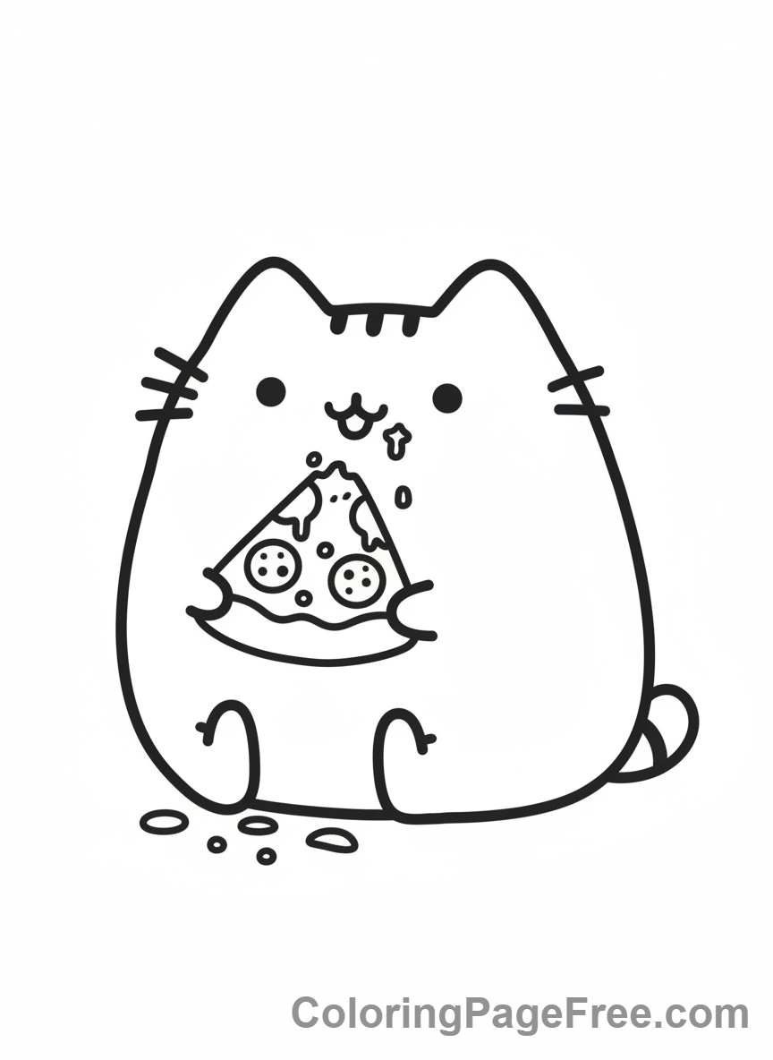 Pusheen Eating Pizza Slice Coloring Page