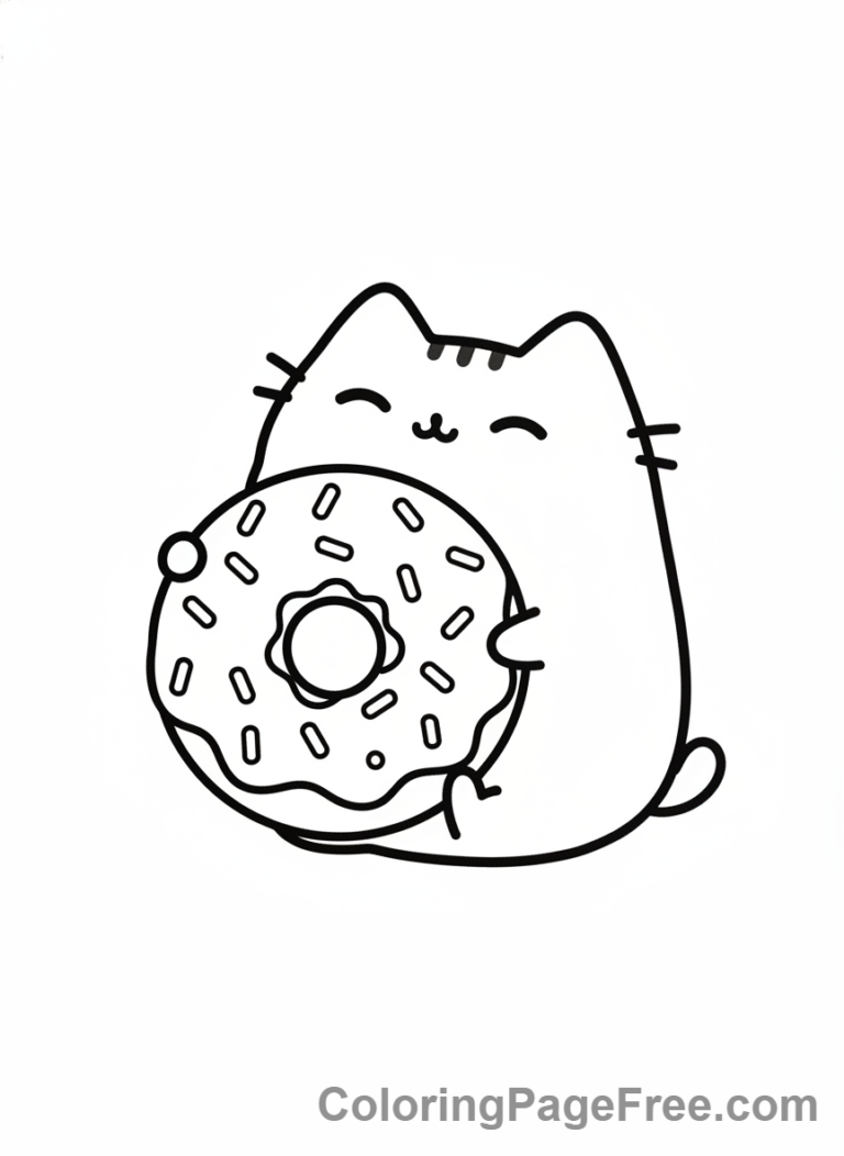 Pusheen coloring page - Pusheen hugging donut