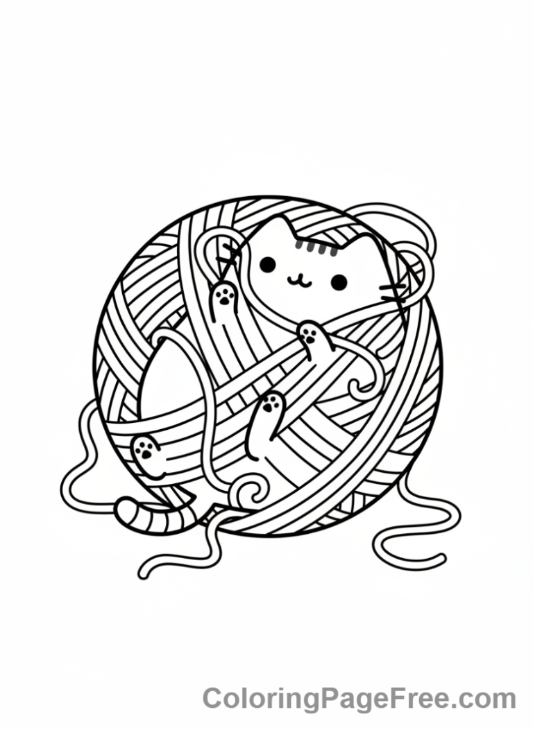 Pusheen coloring page - Pusheen playing yarn ball