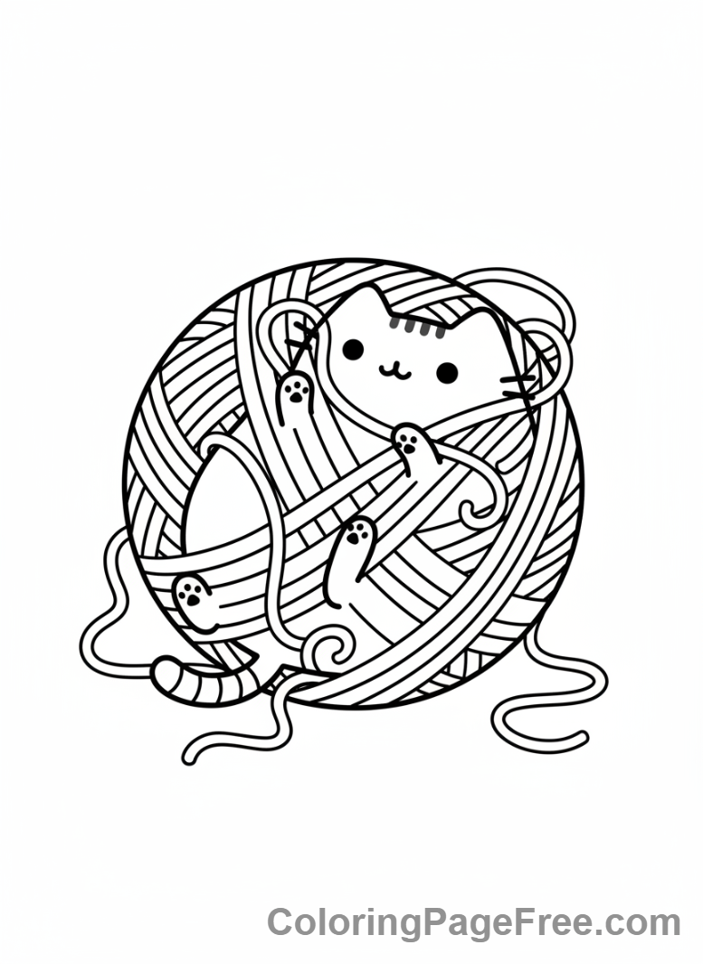 Pusheen coloring page - Pusheen playing yarn ball
