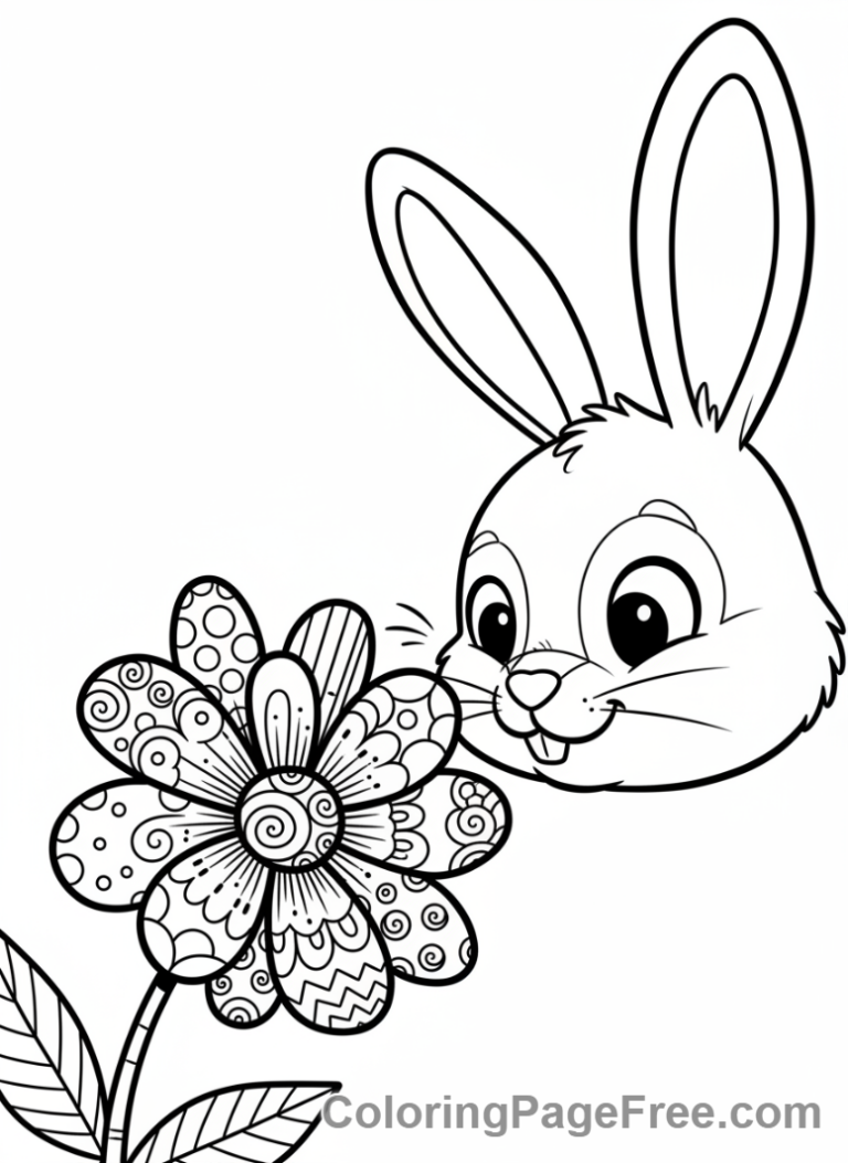 Rabbit coloring page - Bunny sniffing flower
