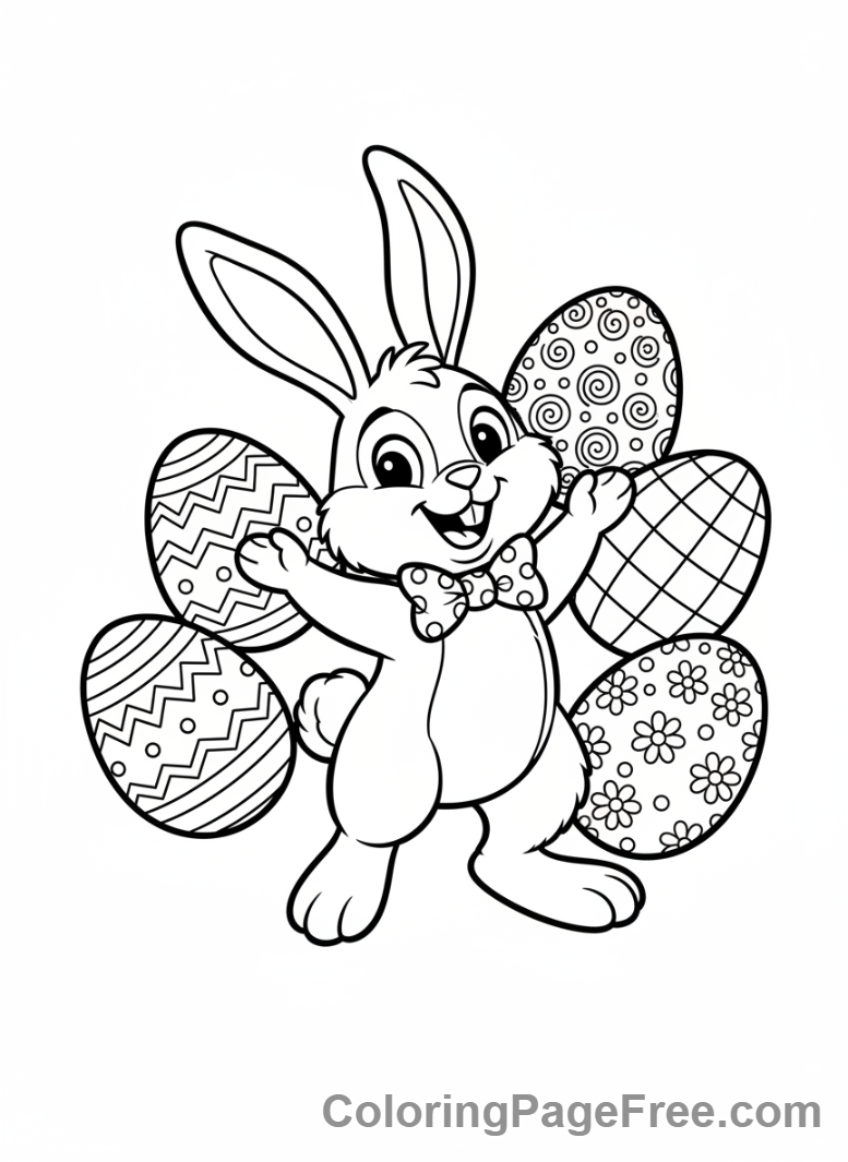 Little rabbit sitting with decorated Easter eggs coloring page