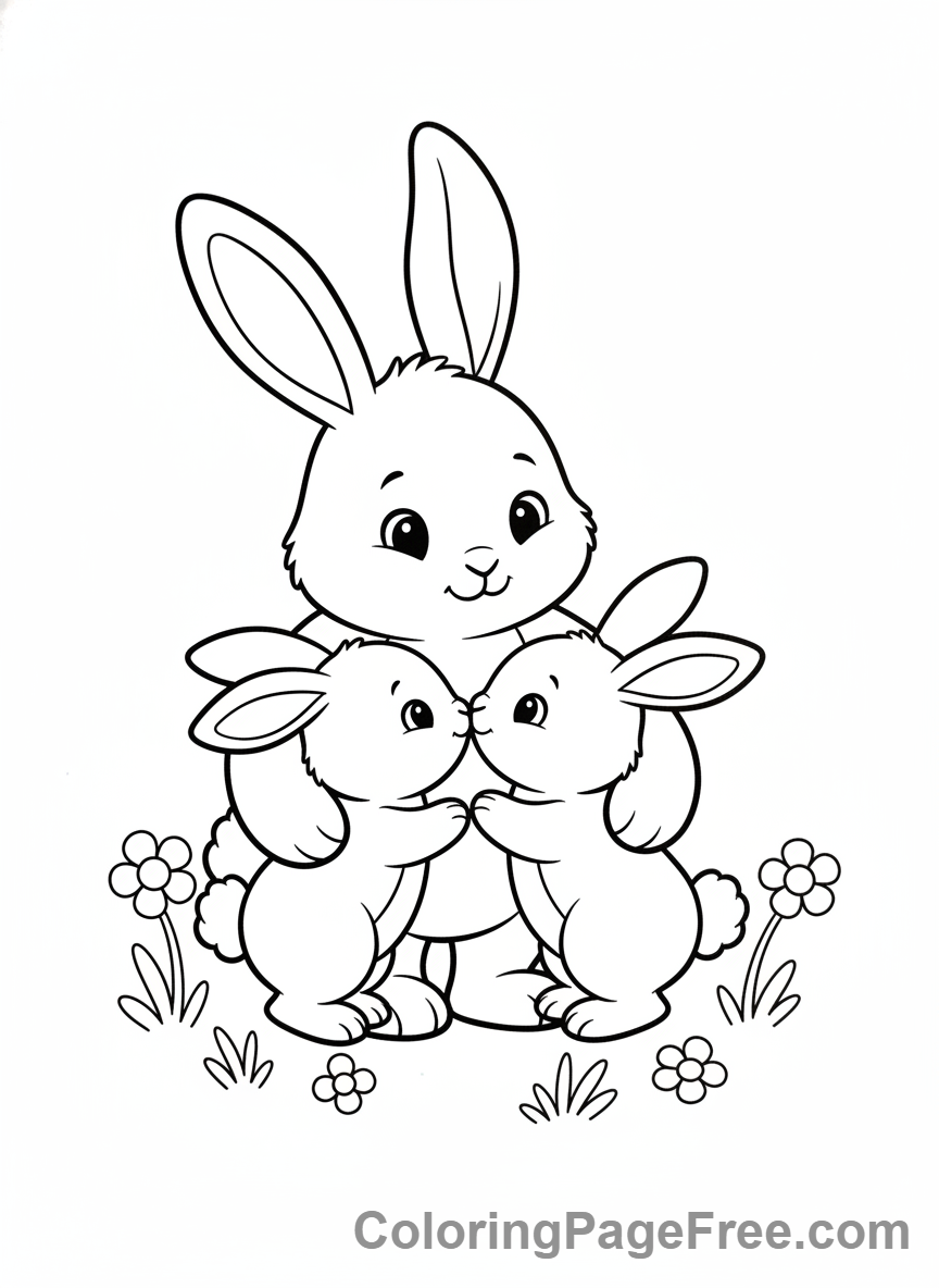 Rabbit mother with baby bunnies family coloring page