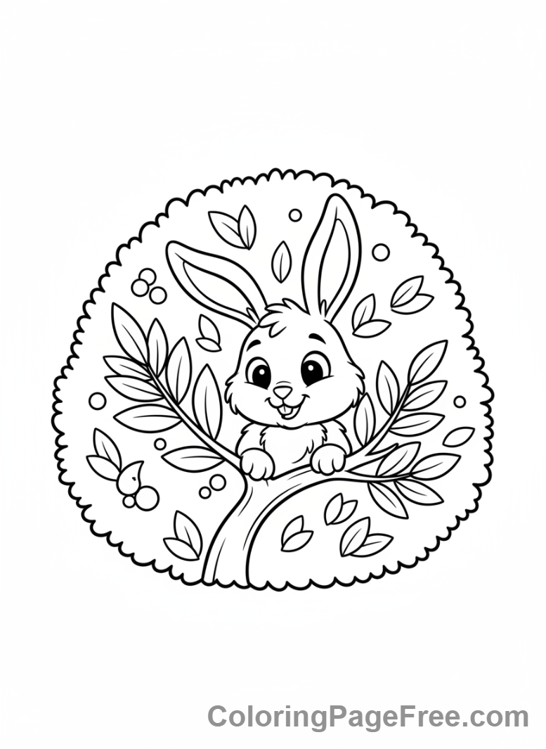 Shy rabbit hiding inside a bush coloring page