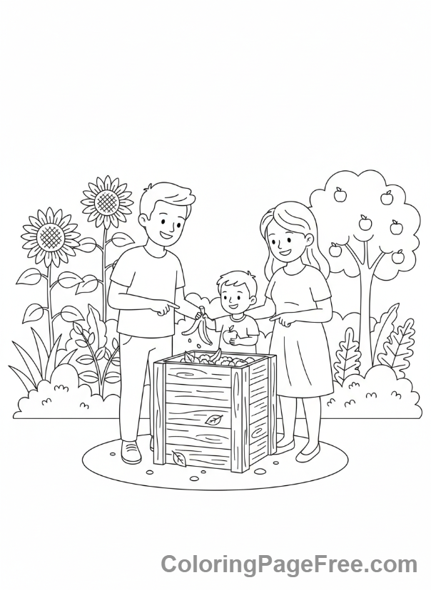 Recycling coloring page - Family composting food