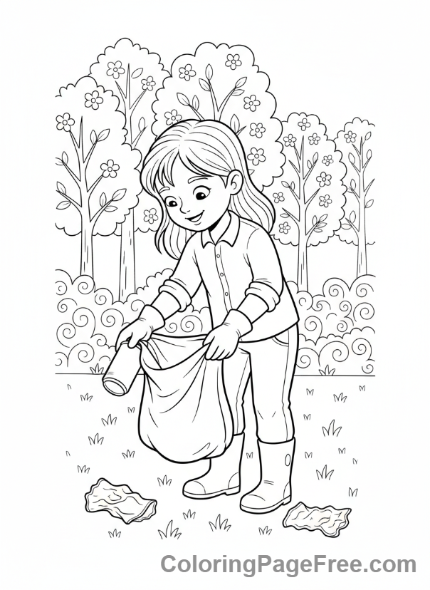 Recycling coloring page - Girl collecting litter